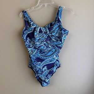 Lands' End Women's SlenderSuit Wrap One Piece, Size 10 DDD Blue Paisley